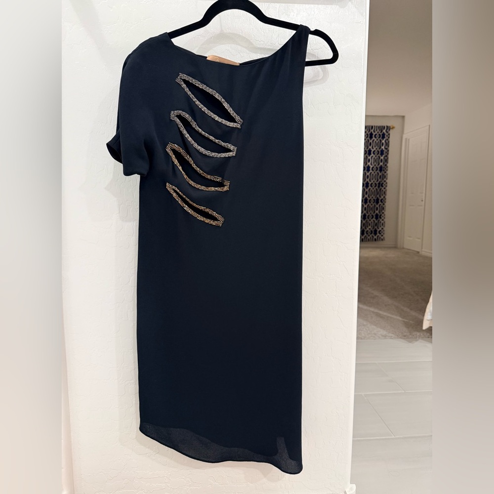 MaxAzria Black One Shoulder Dress with Gold Embellishments
